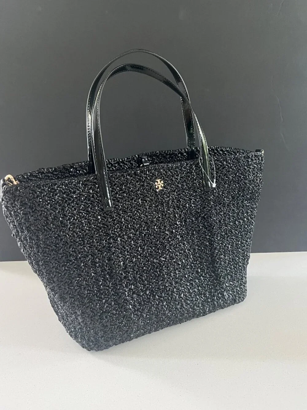 TORY BURCH Emerson Lacquered BLACK Raffia Small Tote